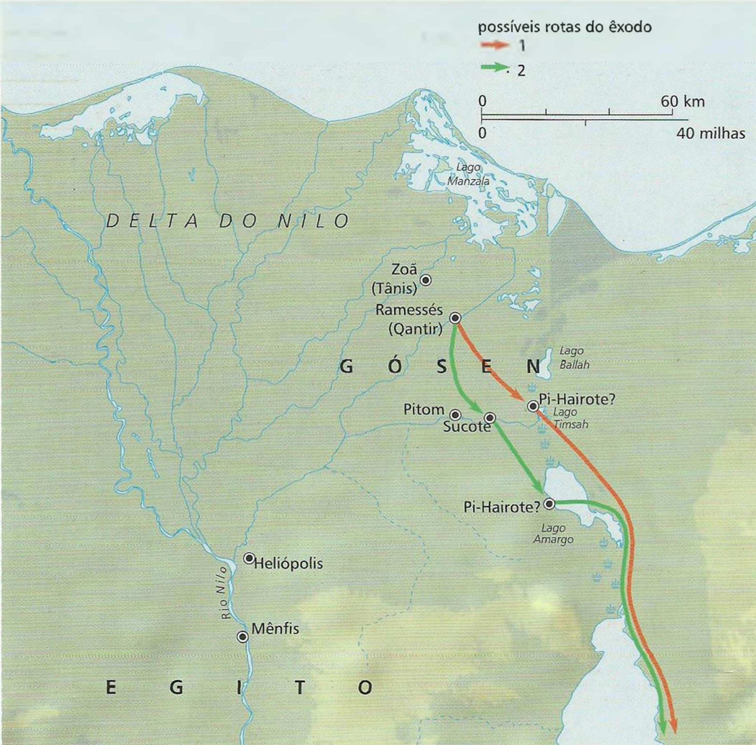 As duas rotas possíveis que os israelitas usaram para cruzar o mar de Juncos em sua fuga do Egito