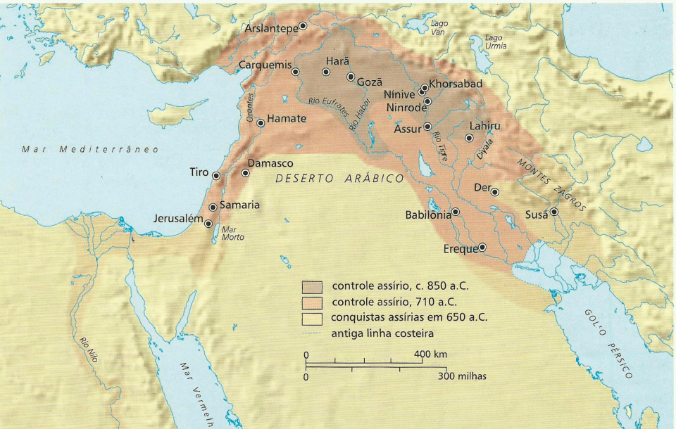 expansão do Império Assírio em c. 850-650 a.C. A Assíria tornou-se a principal potência no Oriente Próximo. Estabeleceu um império por todo o crescente fértil e conquistou até o Egito por um breve período.