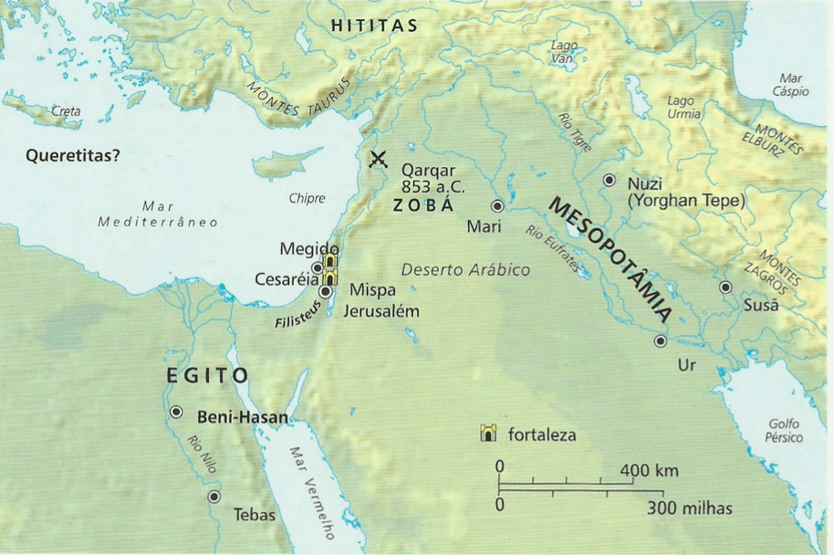 Guerra e fortalezas no Antigo Testamento O mapa mostra lugares de origem de alguns dos principais mercenários: os queretitas, peletitas e geteus (filisteus de Gate).