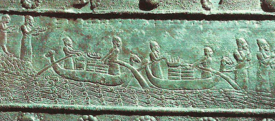 A cidade de Tiro submete- se ao rei assírio Salmaneser IlI (859-824 a.C.). Relevo das portas de bronze de Balawat, Iraque.