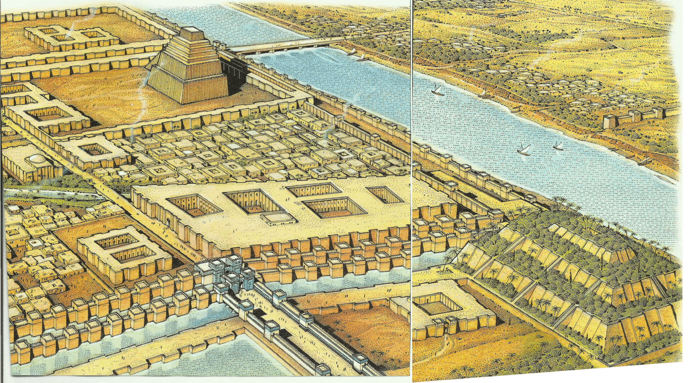 Uma reconstituição da parte norte da cidade da Babilônia depois de ter sido reconstruida por Nabucodonosor. Pode-se ver claramente a Via Processional que levava à porta de Ishtar, o grande zigurate (Etemenanki); o palácio do norte