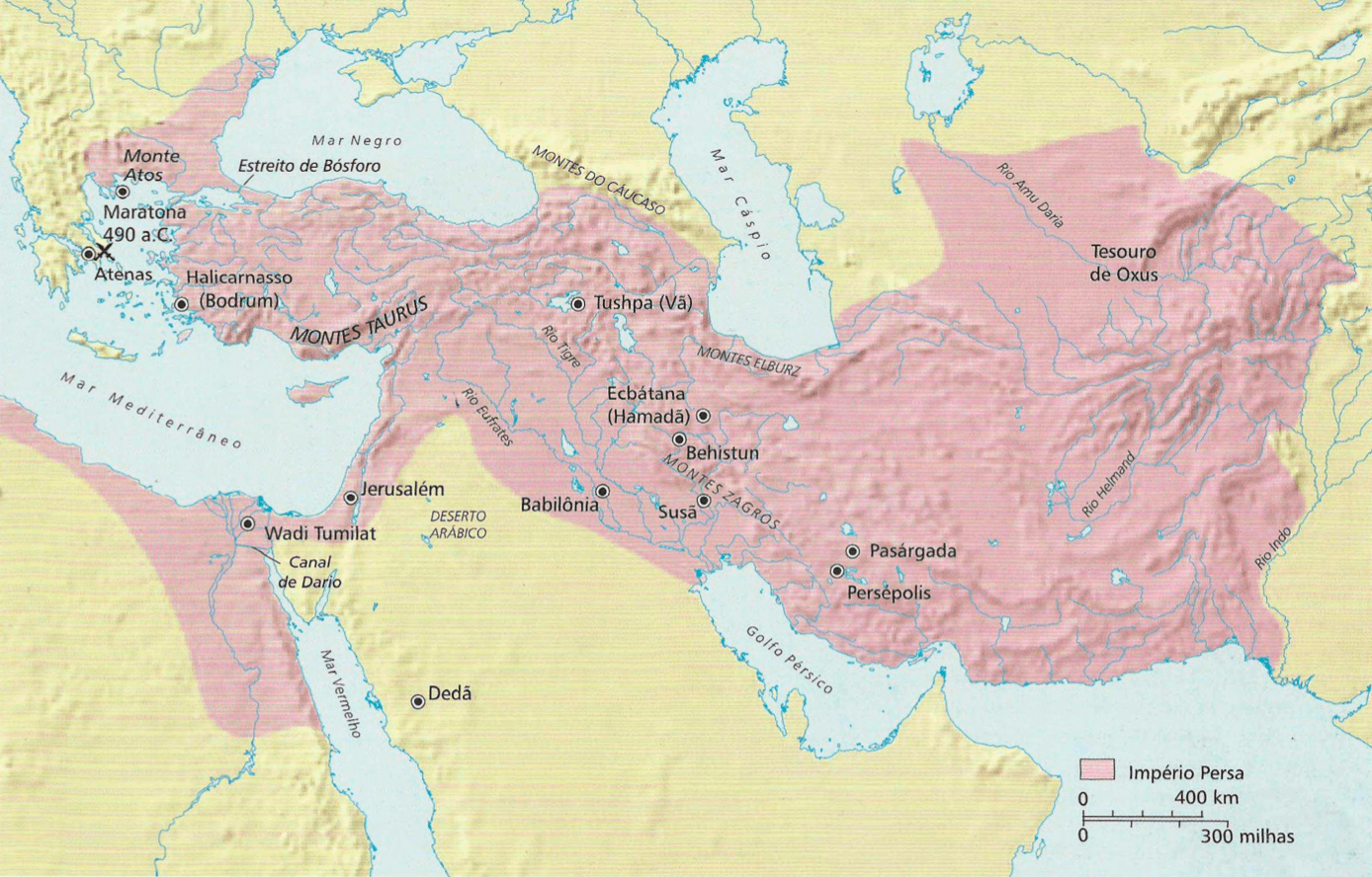 Império Persa Os persas dominaram um império que começava no mar Egeu e se estendia até o rio Indo. O rei persa Cambises conquistou o Egito em 525 a.C., e os reis persas Dario e Xerxes empreenderam campanhas malogradas contra a Grécia em 490 e 480 a.C.