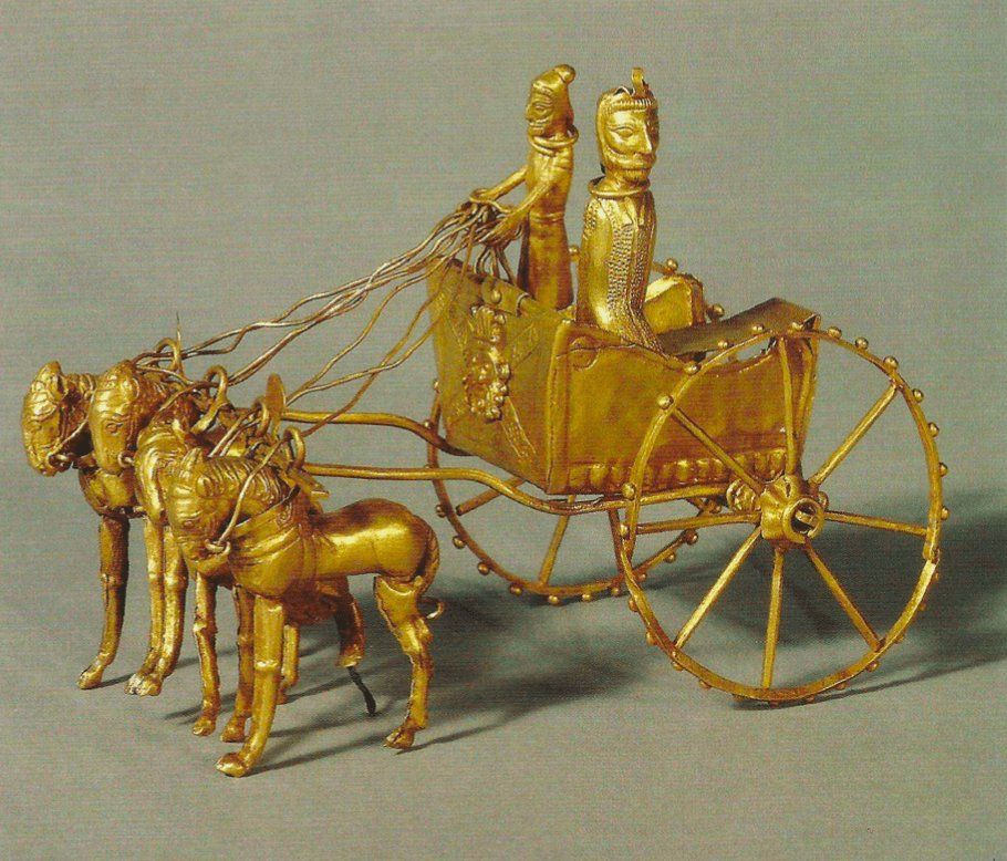 Modelo de carro persa confeccionado em ouro, c. 500 a.C, medindo 18.8 cm de comprimento. Proveniente do tesouro de Oxus, no Tadjiquistão.