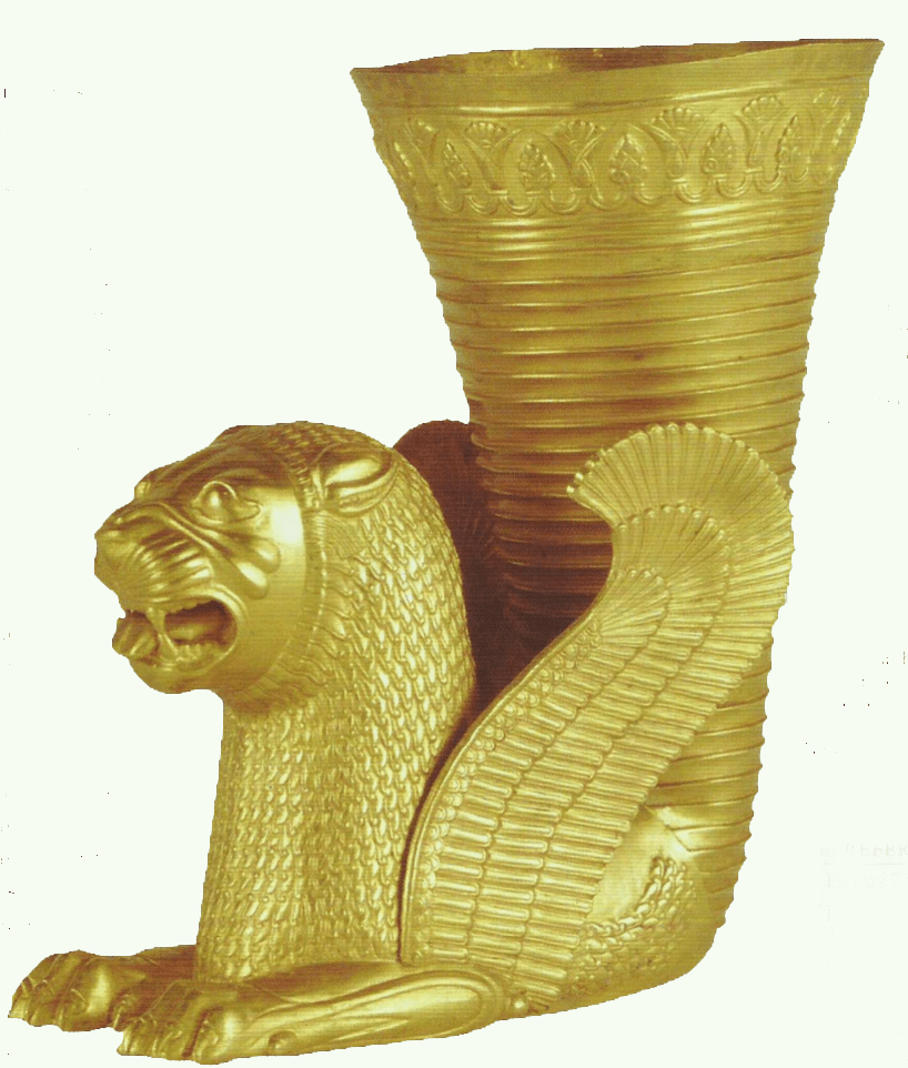 Riton (copo em forma de chifre) persa de ouro, terminando com a parte dianteira de um leão alado. Considerado proveniente de Hamadã, Irã.
