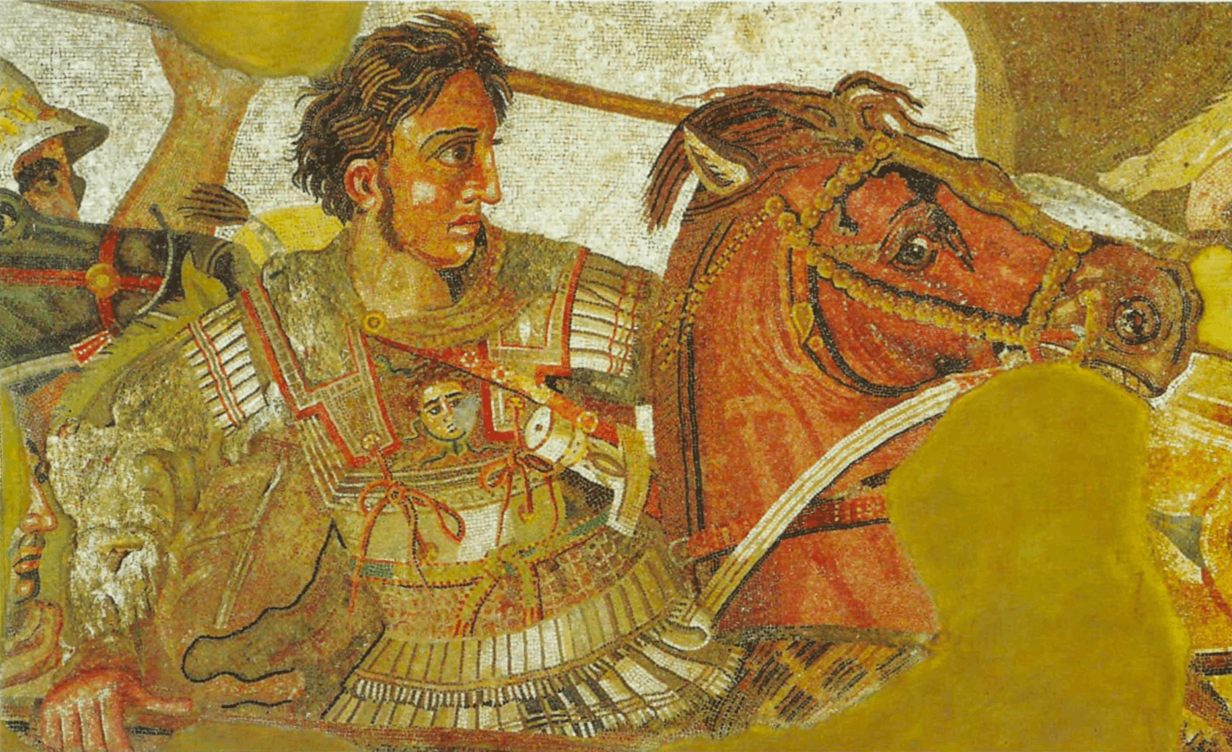O mosaico feito por Filoxenos, um artista grego do século IV a.C., mostra Alexandre, o Grande, enfrentando Dario Ill na batalha de Issus, em 333 a.C. Pertencente à Casa do Fauno, em Pompéia, Itália.