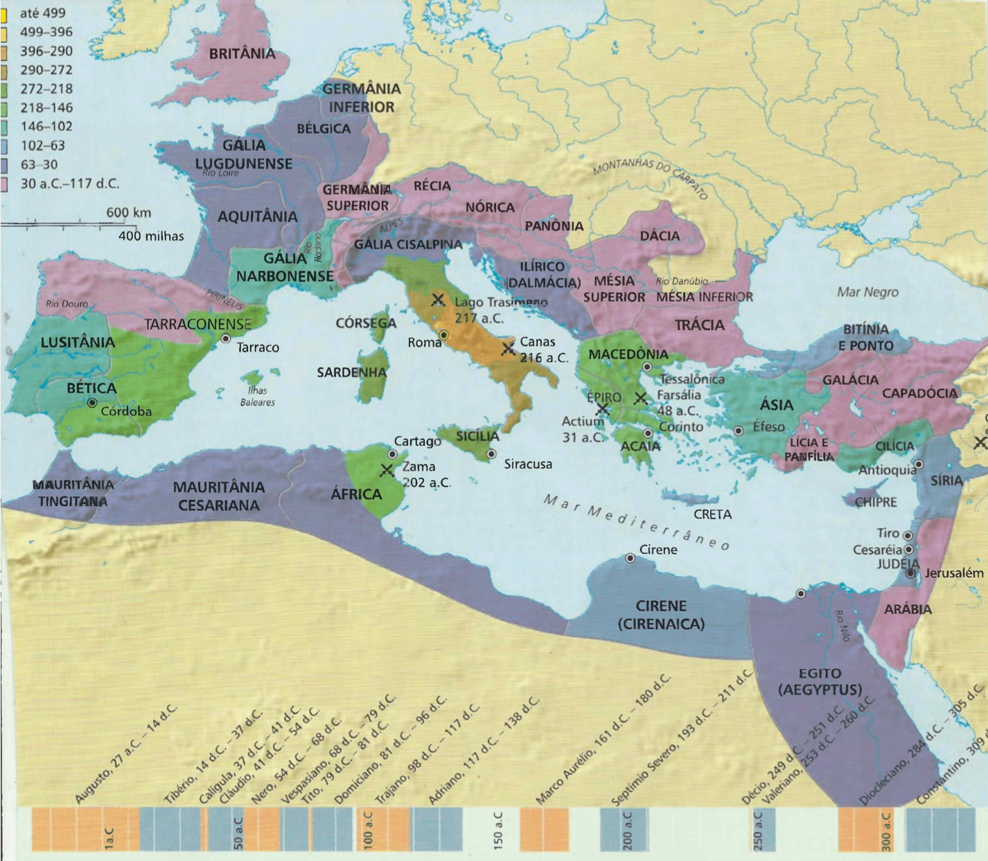 A expansão do Império Romano Depois de se impor na Itália, Roma criou um império que acabou dominando todas as regiões ao redor do mar Mediterrâneo.