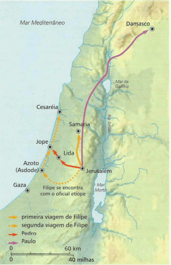 Viagens dos líderes da igreja primitiva O mapa mostra as primeiras viagens de Filipe, Pedro e Paulo.