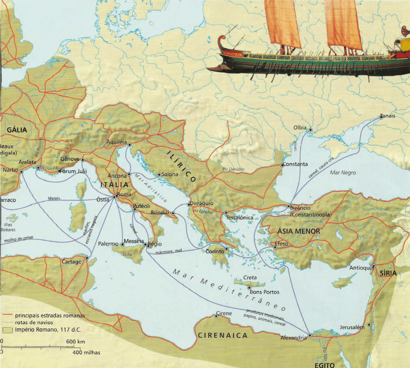 Rotas de viagem e comércio do Império Romano Por volta de 74 d.C., todo o território ao redor do Mediterrâneo estava sob domínio romano. Esta paz romana trouxe uma prosperidade sem precedentes.