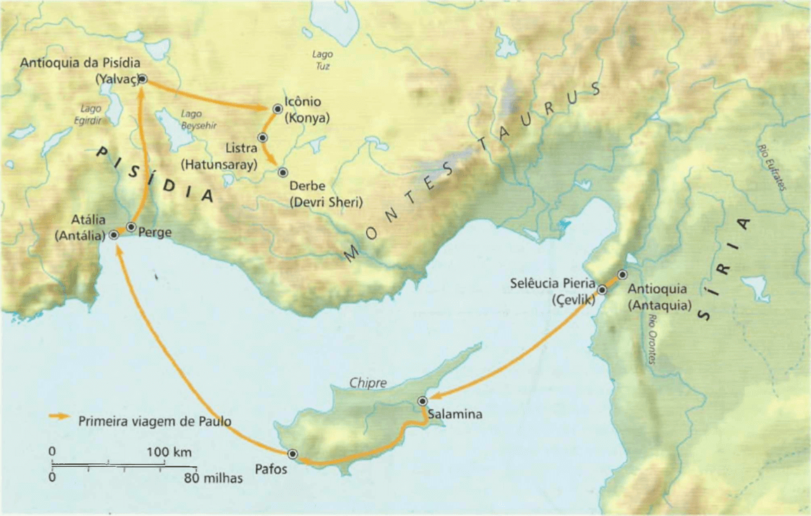 A primeira viagem de Paulo O mapa indica o itinerário da primeira viagem de Paulo (com Barnabé) entre 47-48 d.C., saindo de Antioquia, junto ao Orontes, passando por Chipre, até Derbe, no sul da Turquia.