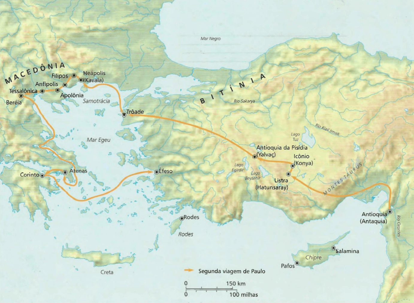 A segunda viagem de Paulo O mapa mostra o itinerário da segunda viagem de Paulo (parte dela com Silas) em 49-52 d.C., saindo da Antioquia, passando pela Turquia e norte da Grécia até Atenas, Corinto e Éfeso.