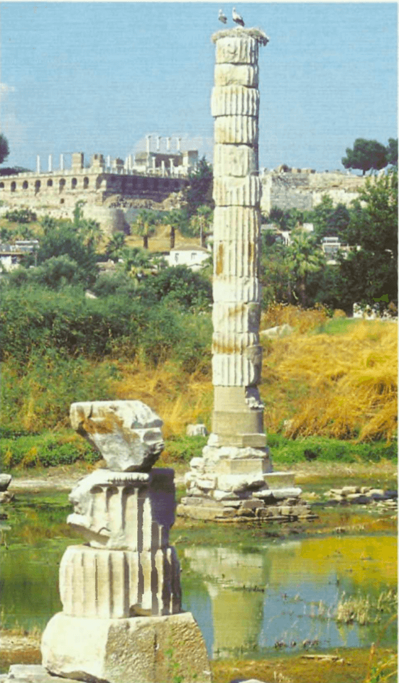 Ruínas do templo de Artemis, em Éfeso, reconstruído entre 334 e 250 a.C. O local permaneceu soterrado sob lama aluvial até 1874. Hoje, é uma região alagadiça que sofre inundações frequentes. Apenas uma coluna foi restaurada.