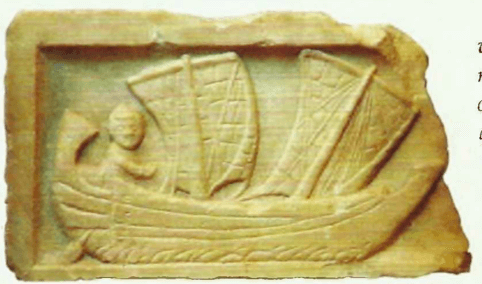 Representação de um navio carqueiro lento (corbita). Cartago, século Il d.C.
