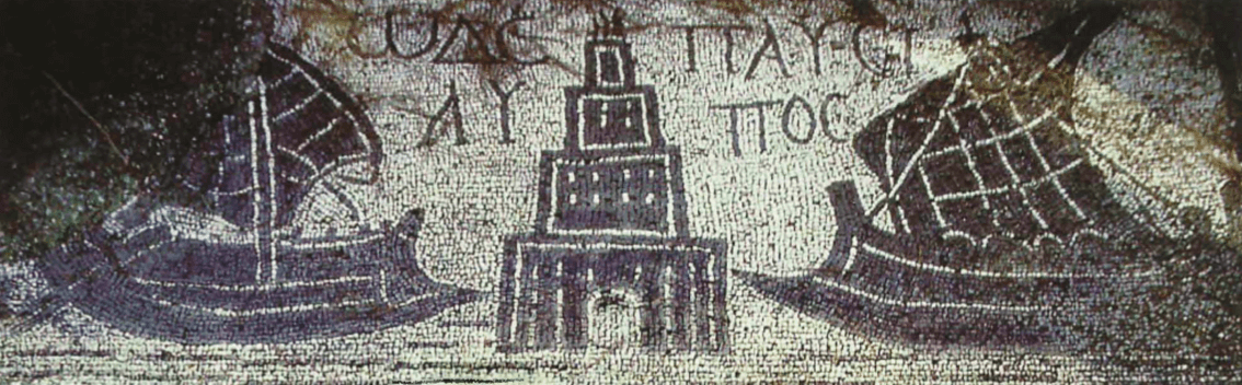 Mosaico mostrando navios mercantes romanos e um farol. Encontrado na tumba 43, na necrópole da ilha sagrada, Ostia, Itália.