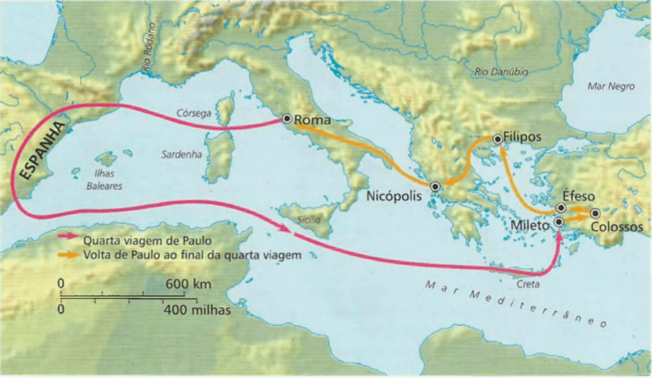 A última viagem de Paulo O mapa mostra um itinerário conjetural da viagem feita por Paulo entre 63-65 d.C. após o primeiro encarceramento em Roma.