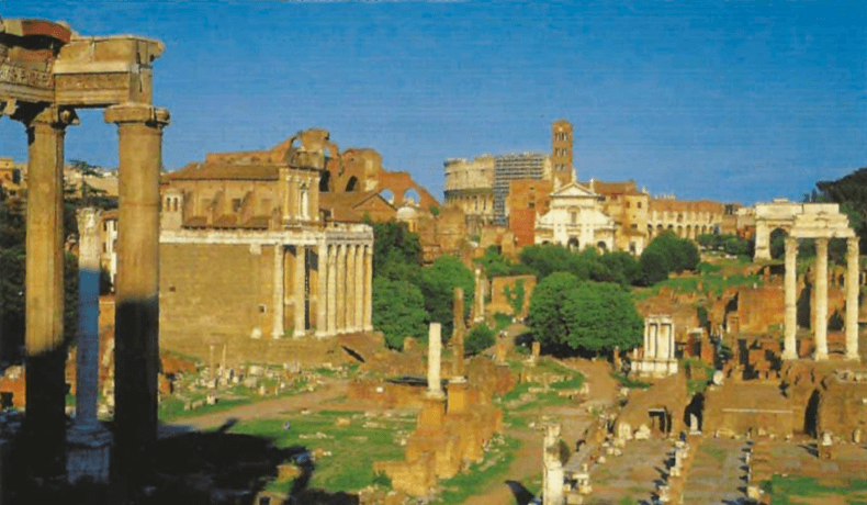 O fórum romano; ao fundo, o Coliseu.